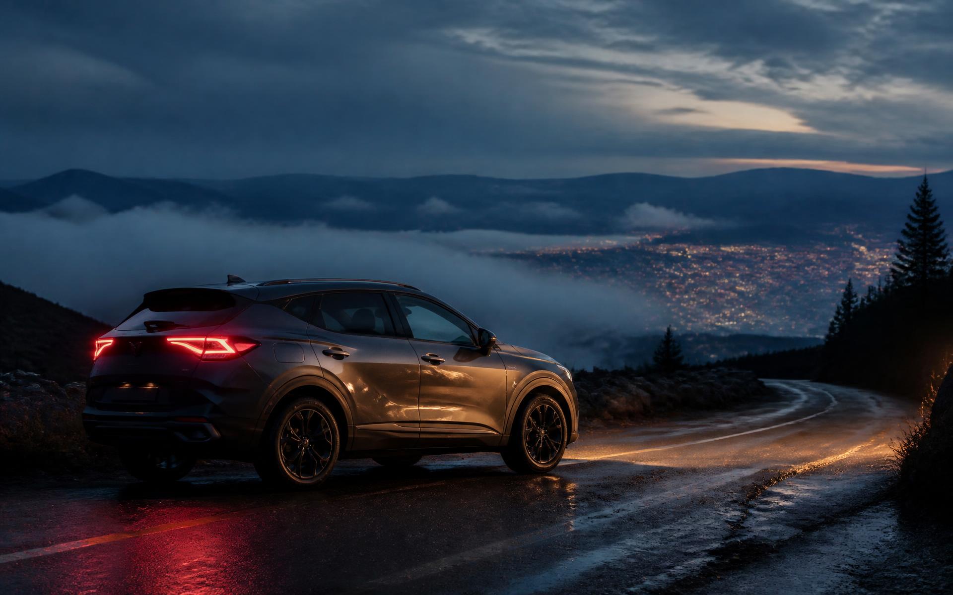 Rental car on a mountain road above Sarajevo at dusk